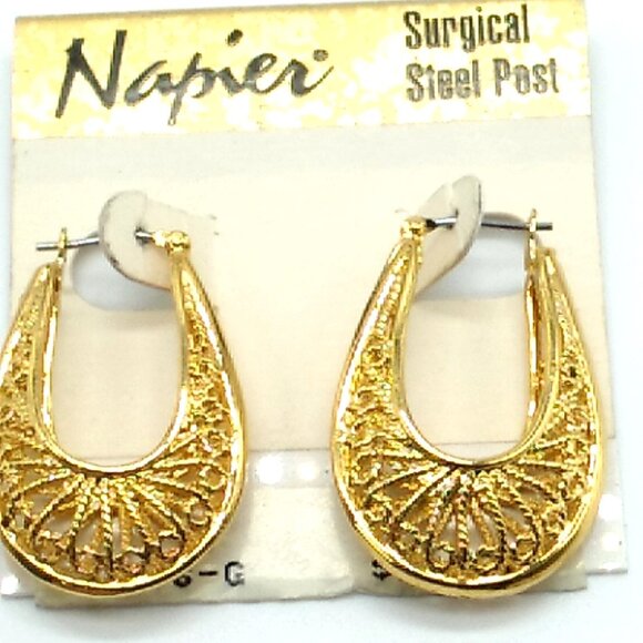 NAPIER Filigree Puffed Hoop Horseshoe Shaped Gold-tone Earrings NWT - Picture 4 of 4